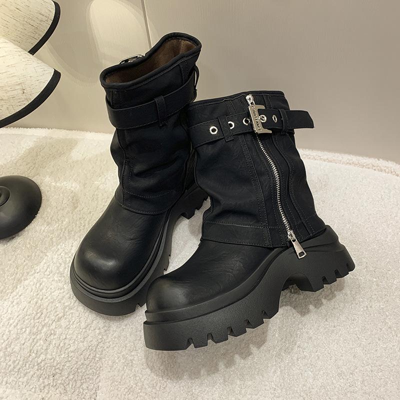 

Короткие ботильоны ботинки Мартин женские 2025 осень и зима новые британский стиль толстая подошва толстый каблук ретро локомотив короткие ботинки 40 чёрный