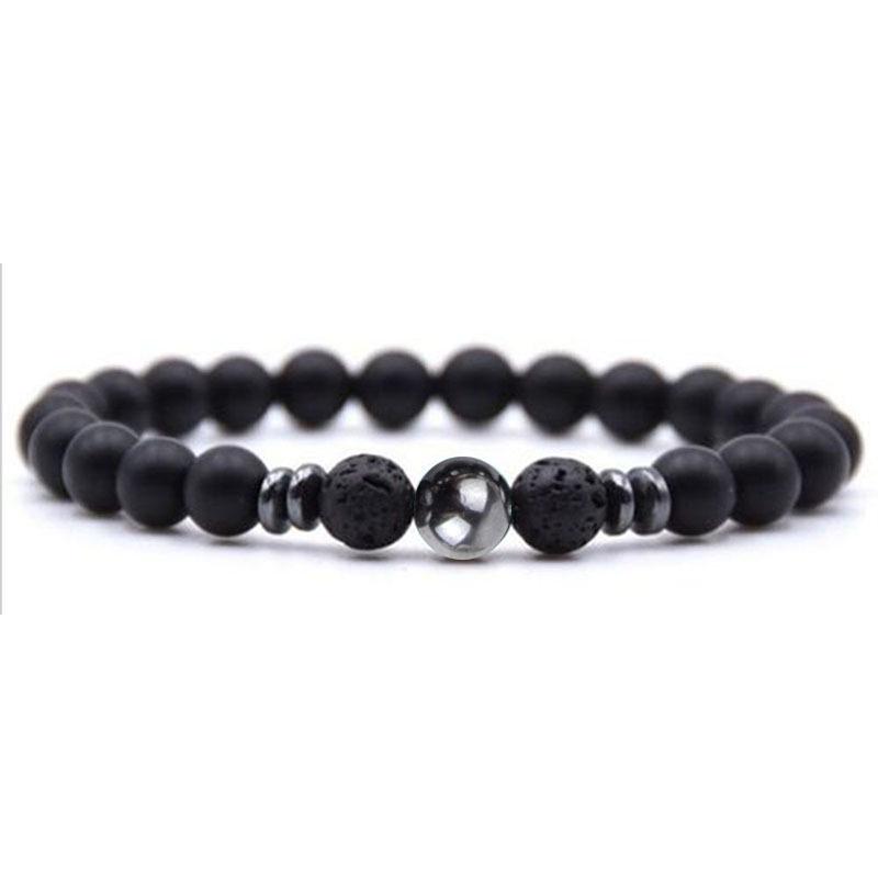 Women's Energy Yoga Bracelet: 8mm Frosted Black Volcanic, Amber & Weathered Stones
