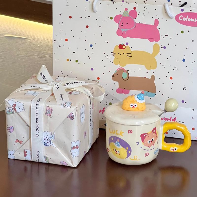 Cute Cartoon Coal Ball Ceramic Mug with Lid Couple Water Cup Girl Birthday Gift Girlfriend Souvenir Gift Box
