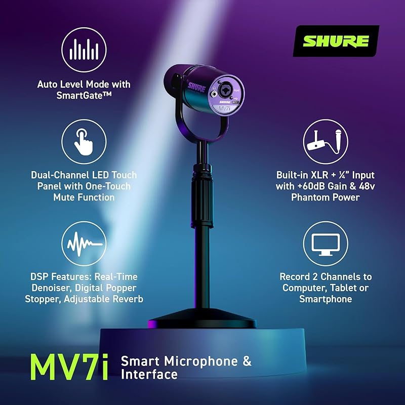 Shure MV7i Smart Mic - USB-C & XLR Microphone for Podcasting, Music & Streaming, Built-in Audio Interface, Auto-Level Mode, Advanced DSP, All-Metal
