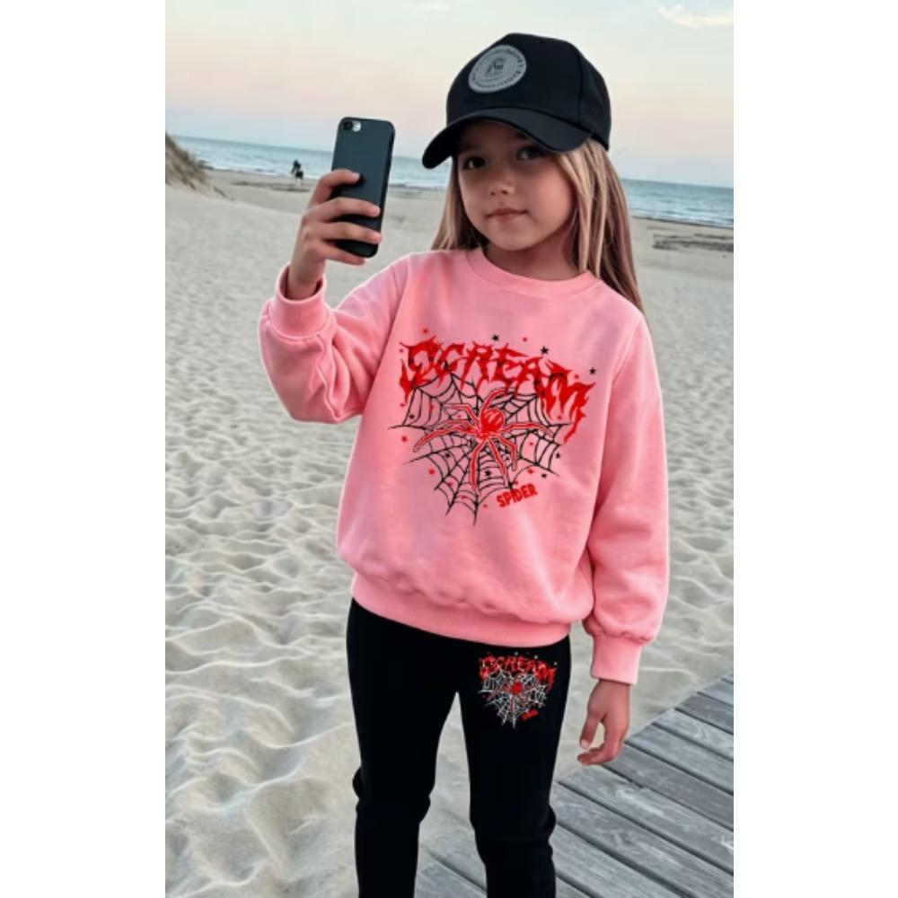 Girls' Heart Spider Casual Comfortable Soft Loose Pullover Sweatshirt and Leggings 2-Piece Set, New Autumn/Winter, Playful, Sweet and Cool Style