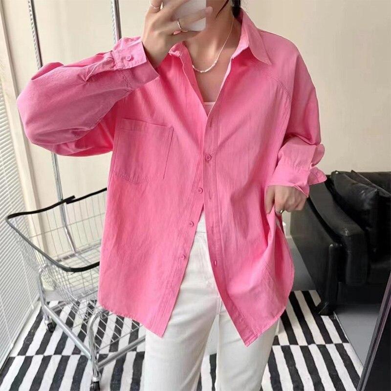 

Женские топы, повседневная свободная одежда, рубашка с длинными рукавами из чистого хлопка, осенняя корейская модная однотонная блузка с отложным воротником 28640