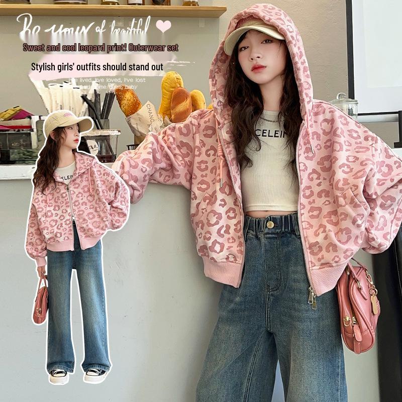 Big Girls' Stylish Leopard Print Cardigan Hoodie - Spring/Autumn 2025