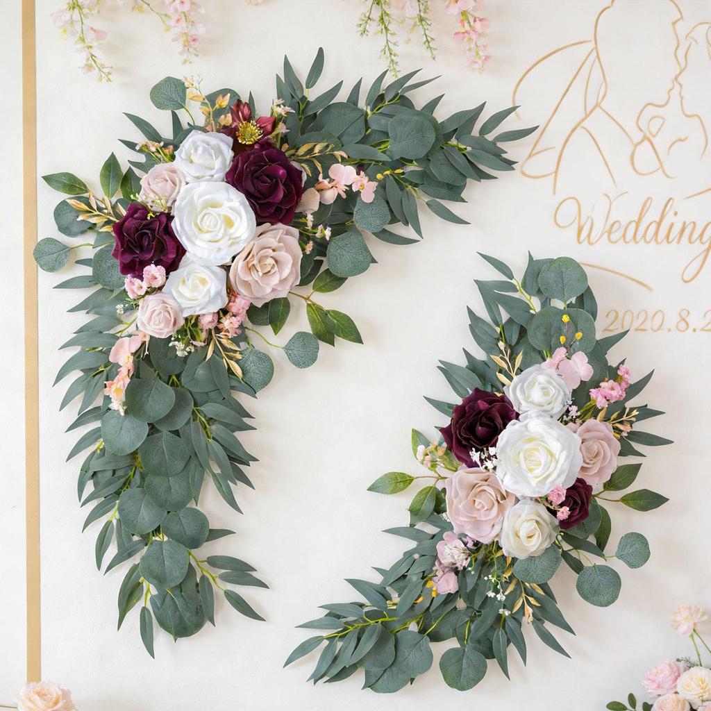 2 Pieces Artificial Flower Swag Floral Backdrop Rustic Hanging Handmade Silk Flowers Wedding Arch