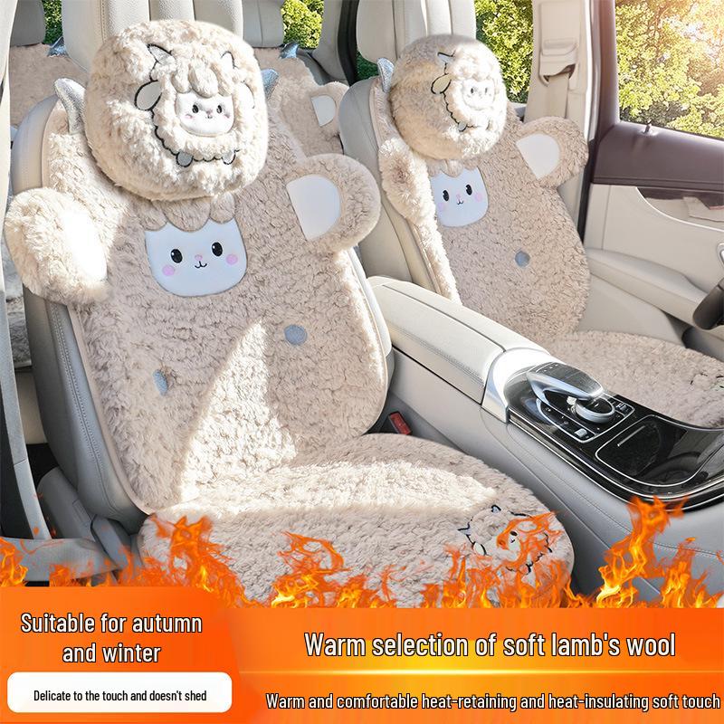 Women's Cute Cartoon Plush Winter 3-Piece Car Seat Cushion Set for Five-Seat Vehicles
