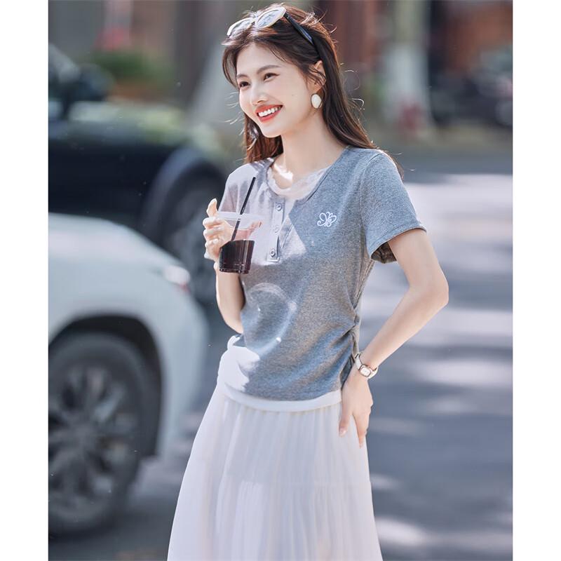 

Women s Butterfly Embroidered Color Block Short Sleeve T-Shirt L