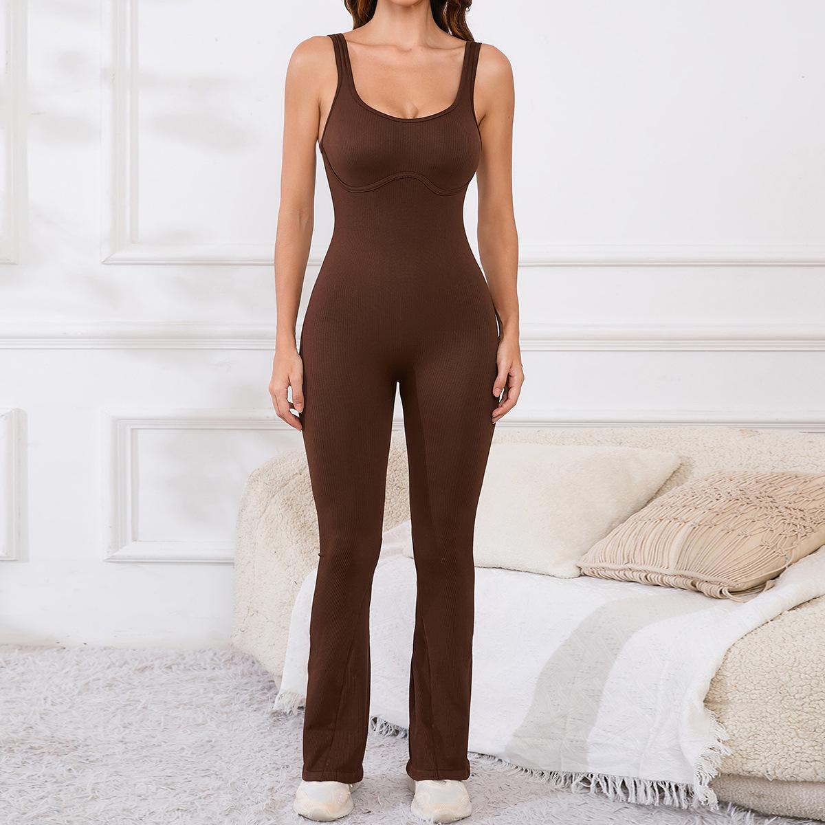 

Бесшовный рубчатый моделирующий комбинезон с высокой эластичностью, квадратным вырезом и расклешенными штанинами Small