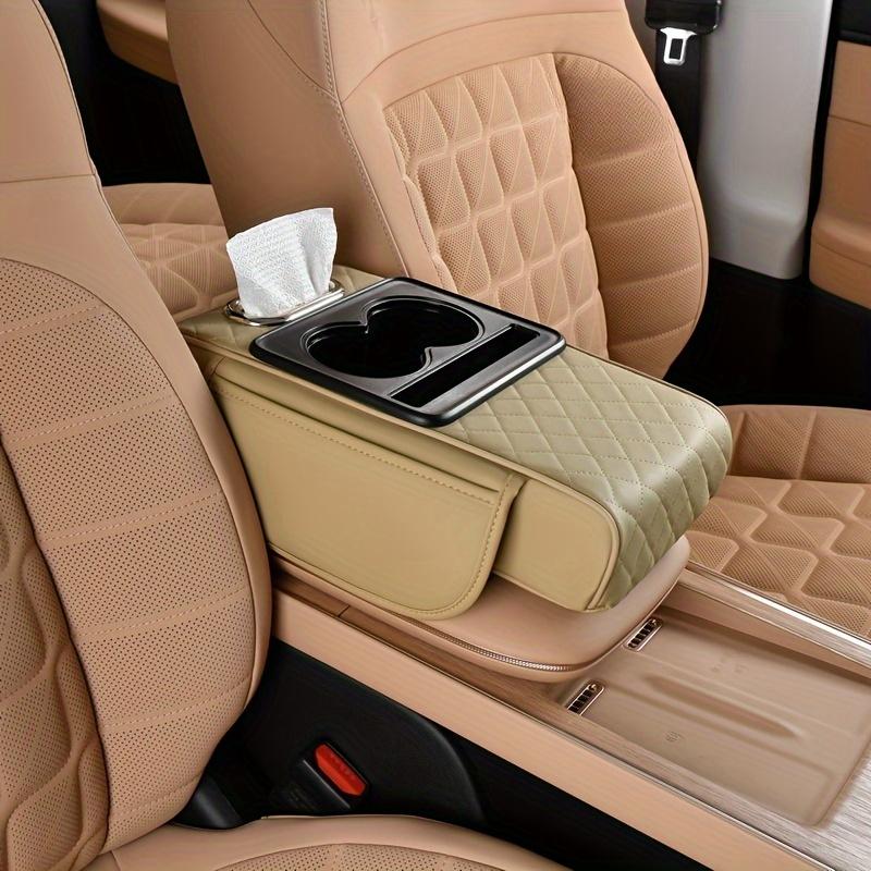 1 Stück Multifunktionale Auto-Armlehnenkissen mit Getränkehalter, Kunstleder-Aufbewahrungs-Erhöhungspad für Mittelkonsole, Fahrzeug-Taschentuchbox