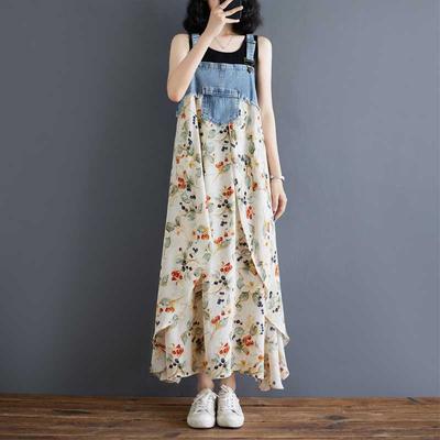 Women's Loose Chiffon Printed Denim Suspender Mid Length Dress