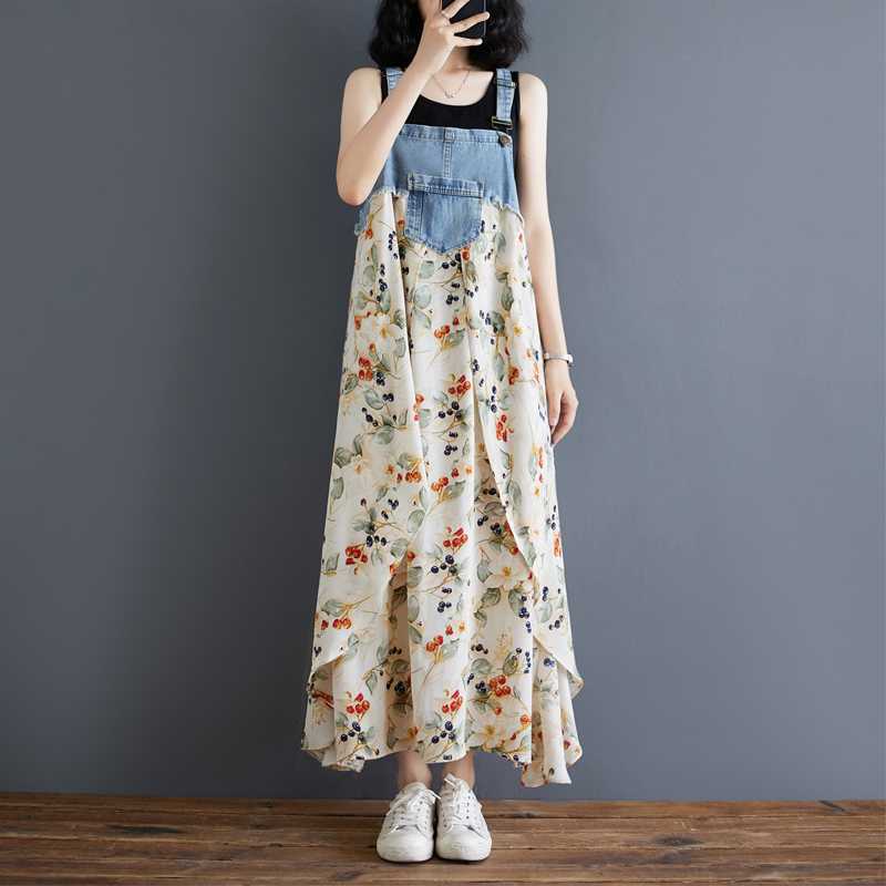 

Women s Loose Chiffon Printed Denim Suspender Mid Length Dress 3XL