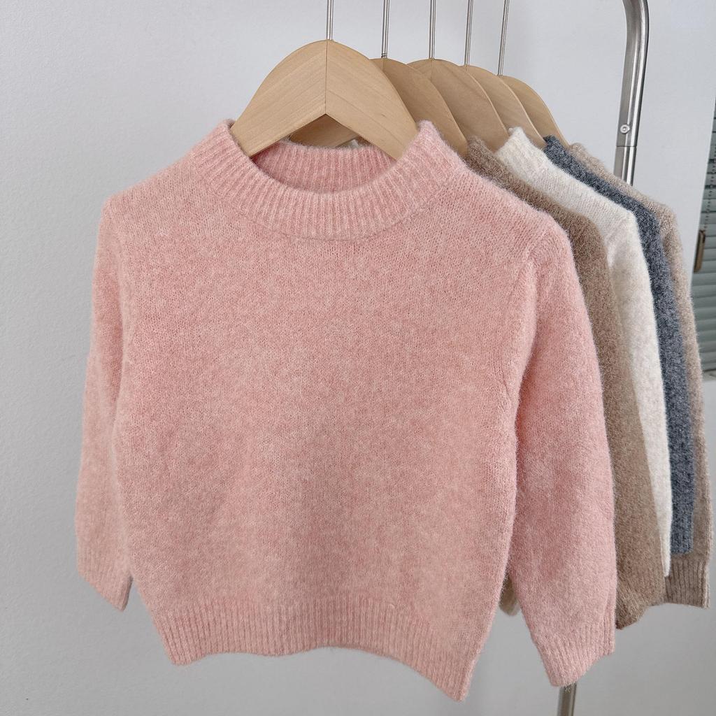 Kids' Round Neck Wool Sweater - Solid Color Knit Pullover for Autumn/Winter