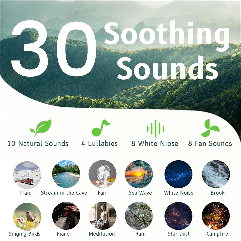 Easysleep Geräusch-Weißrauschmaschine mit 25 beruhigenden Geräuschen und Nachtlichtern mit Speicherfunktion, 32 Lautstärkestufen und 5 Sleep-Timer, mit Netzteil betrieben