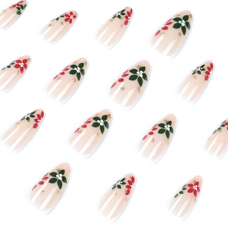 Wear nail piece red and green flower Christmas manicure Wear nail medium and long press on nails