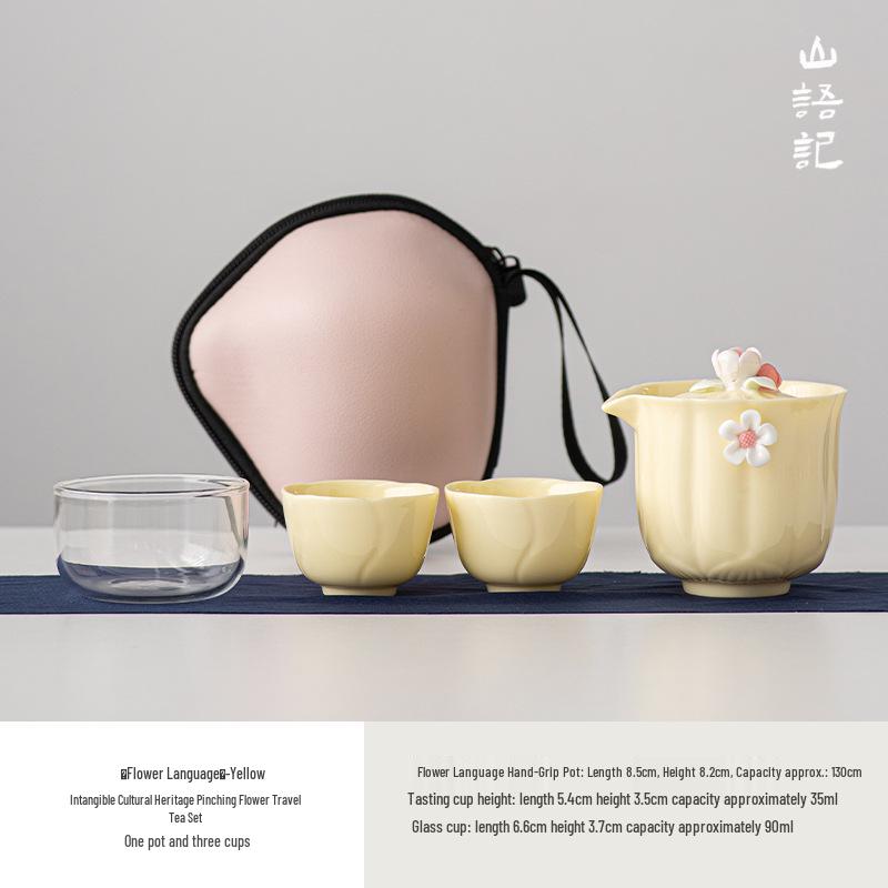 Portable Pink Ceramic Tea Set with One Pot & Three Cups - Ideal for Travel & Outdoor Use