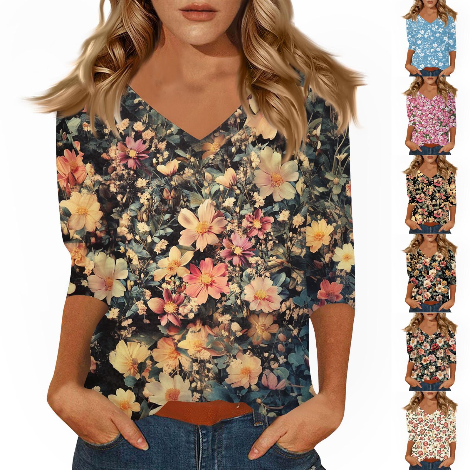 

Women s Tops Three-quarter Sleeve Shirt V-neck Loose Casual Shirt Print T-shirt M