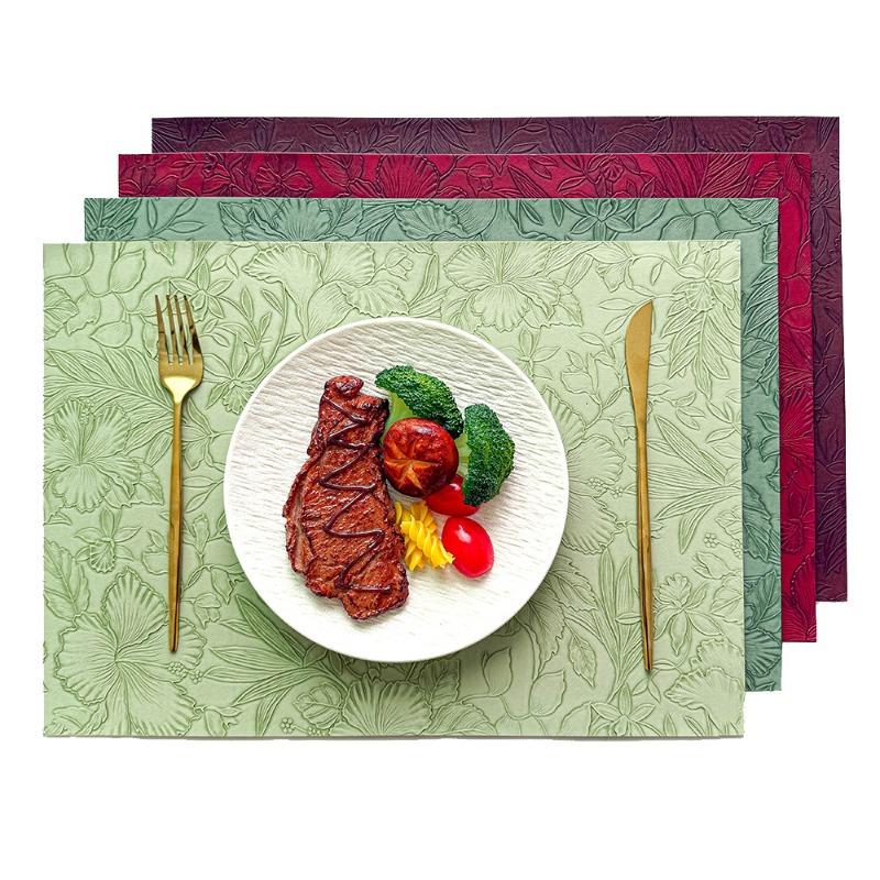 Nordic PVC Leather Placemat Waterproof Non-Slip Heat-Resistant Rectangle Table Mat with Carved Design Cup Coaster for Dining
