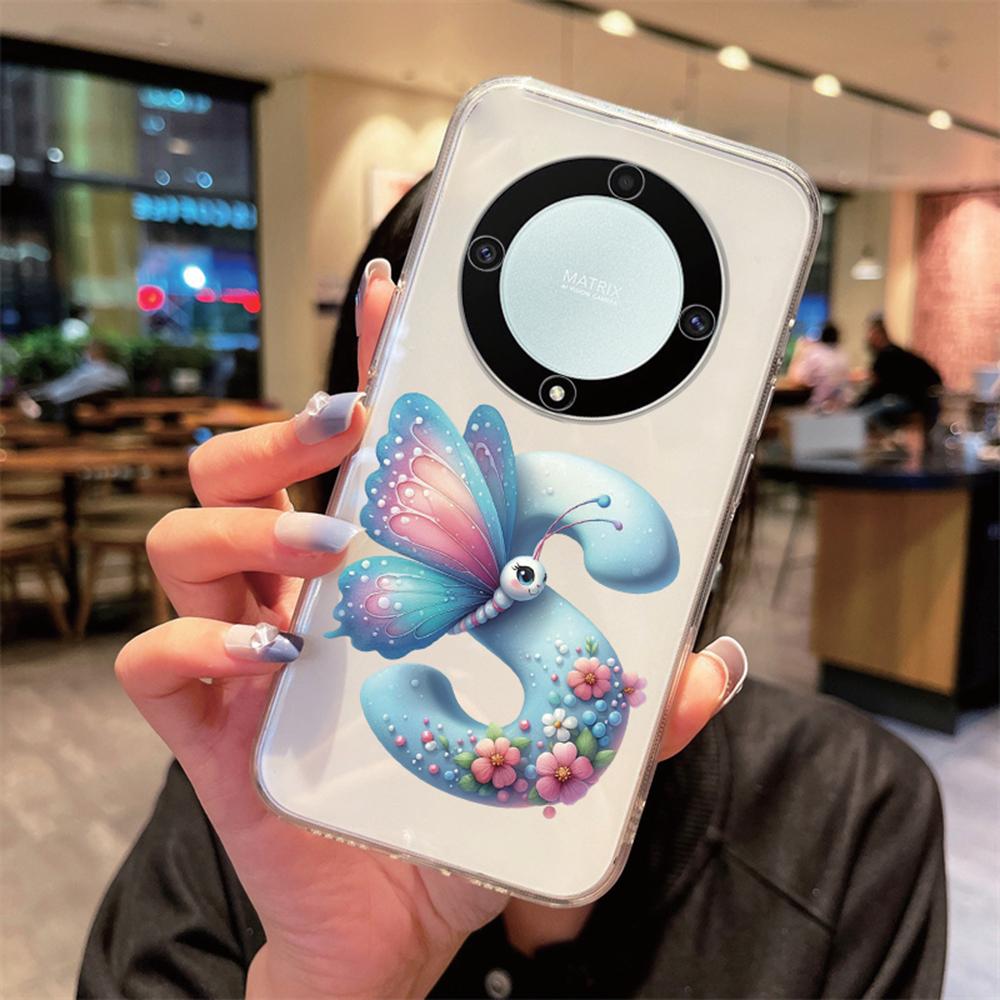 For Honor X9b X9a X9c Magic5 6 7 Lite Blue Butterfly Flower Letters A-Z Transparent Clear Women Phone Case Silicone Bumper Cover