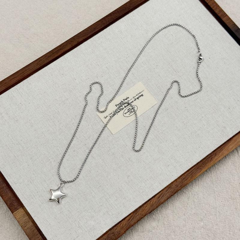 Korean Five Pointed Star Pendant Stainless Steel Necklace for Women Simple Silver Color Star Double Layer Sweater Chain Jewelry