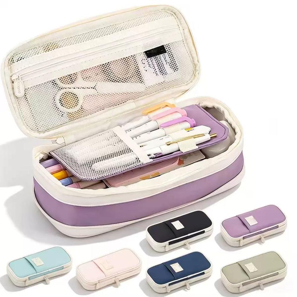 Large Capacity Expandable Pencil Case, Color Block Pencil Pouch, Transformable Stationery for Students