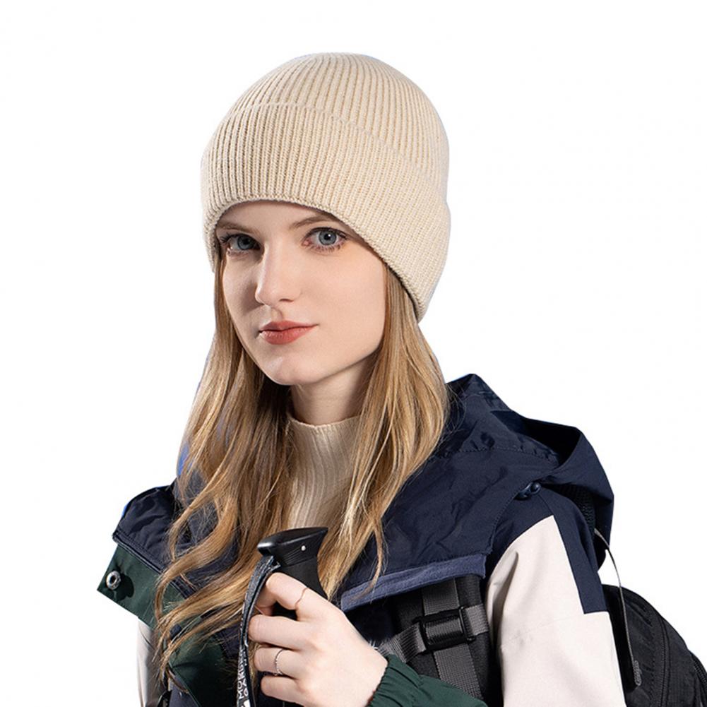 Winter Unisex Hat Knitted Thick Stretchy Piled Hat Solid Color Ear Warm Daily Wear Cap Outdoor Skiing Skating Headwea