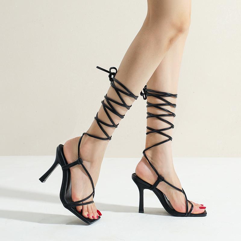 

European And American Popular Sandals Feminine Cross Strap Stiletto High Heels Square Toe Large Size Women S Shoes