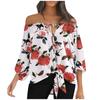 Women's Summer Fasion Loose Print Long--sleeve Bow Tie Neckline Bandage  Top