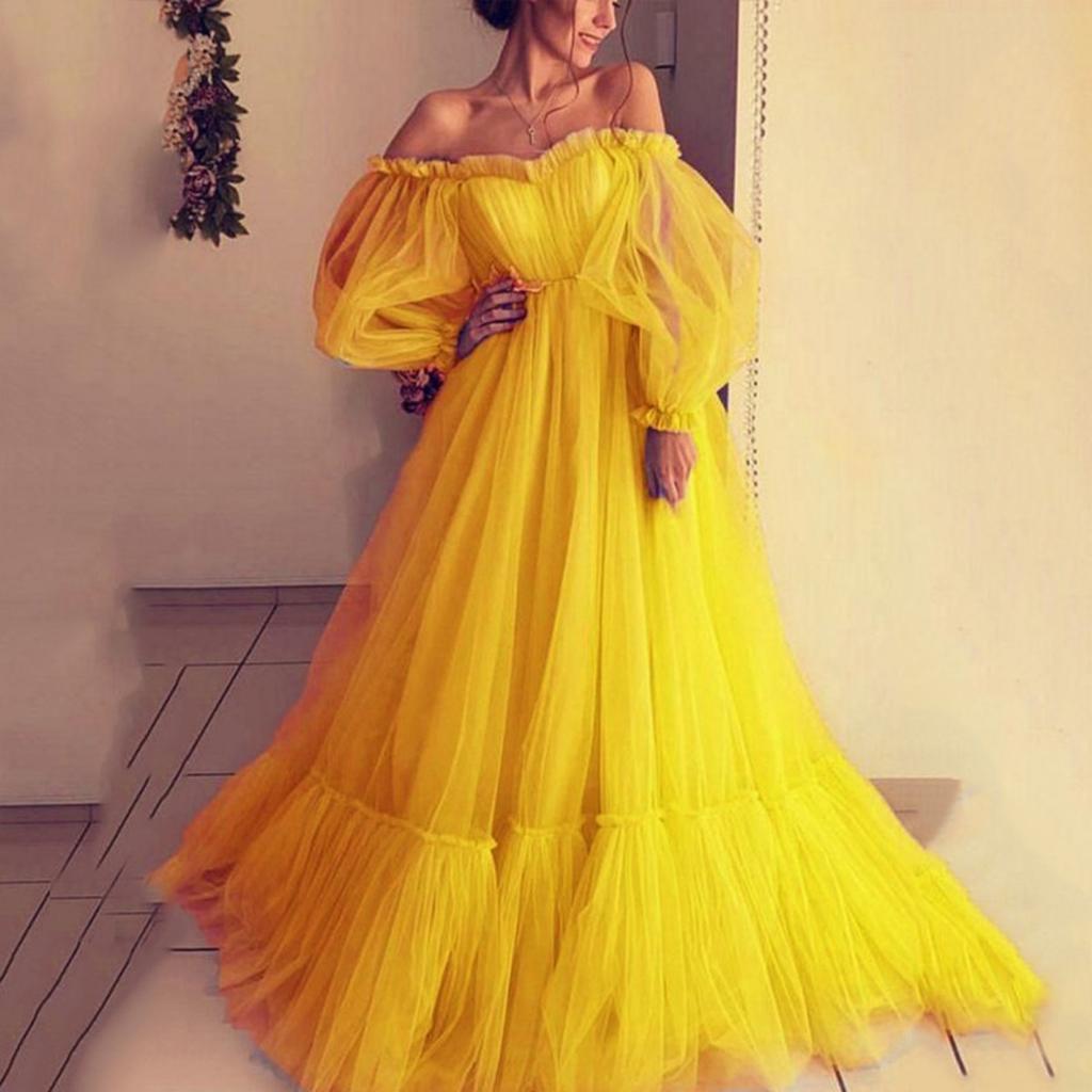 Neues Damen Europäisch-Amerikanischer Stil Schulterfrei Tüll Langarm A-Linie Hochzeitskleid Partykleid