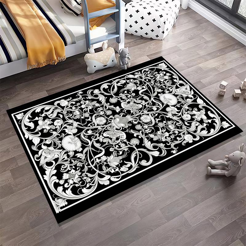 Floral Pattern Carpet with Black Background and White Leaves Design Suitable for Use As an Anti-slip for Living Room Bedroom Sofas