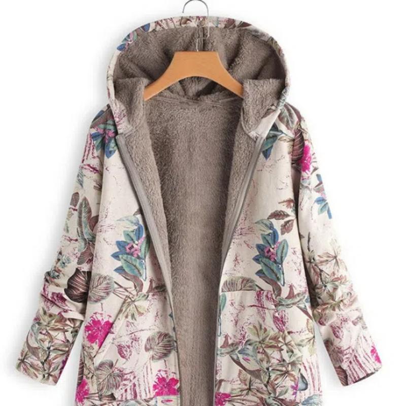 New Autumn Winter Women's Vintage Cotton Linen Coat, Thickened Zip-Up Hooded Jacket with Pockets and Floral Print