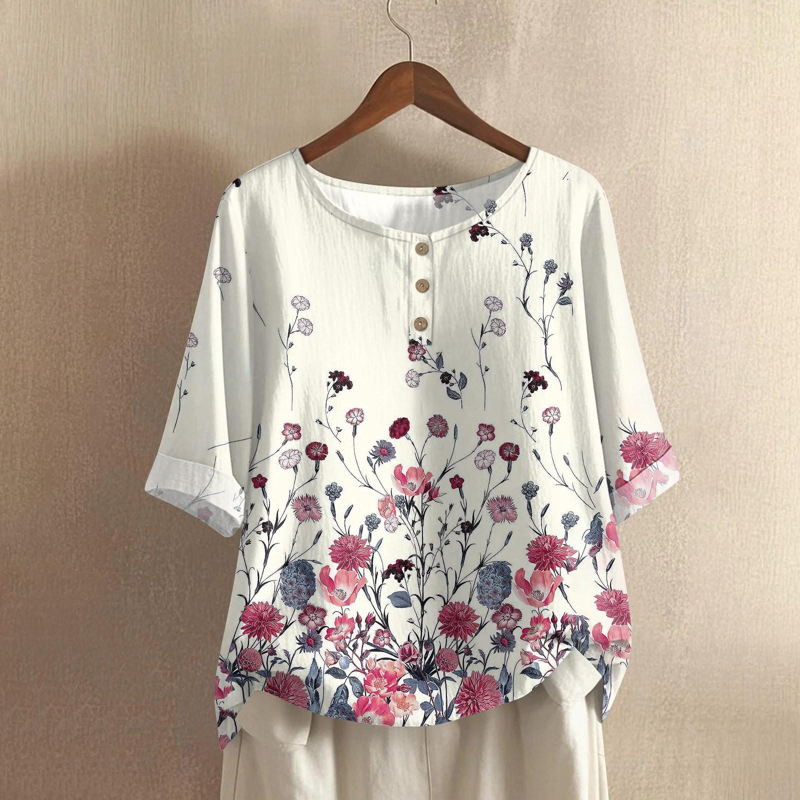 

Женская модная и повседневная рубашка с полурукавом, круглым вырезом, принтом, из хлопка и льна, блузка-топ XL розовый