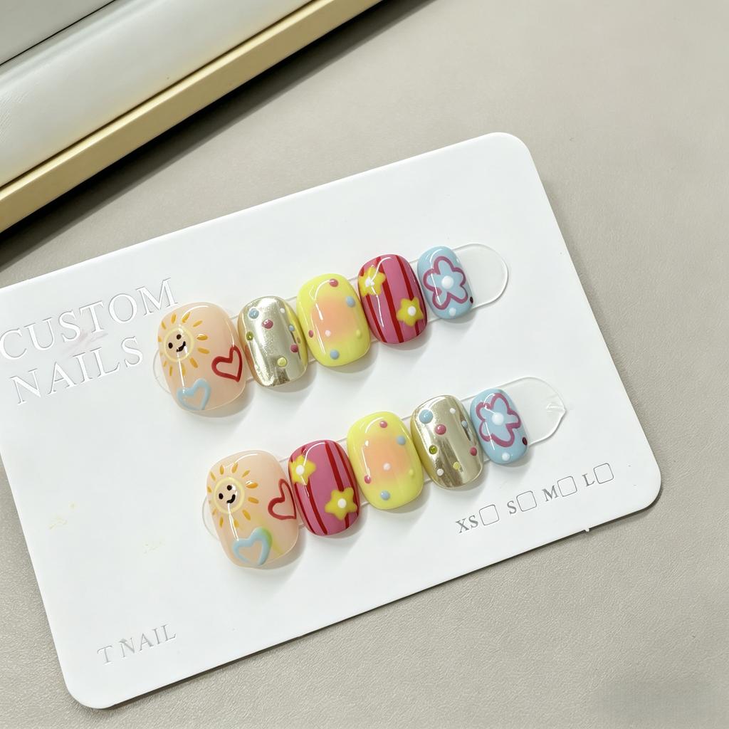 10Pcs Handmade Sunflower Press On Nails Short Oval Colorful Polka Dots Stars Fake Nail Art For Women And Girls