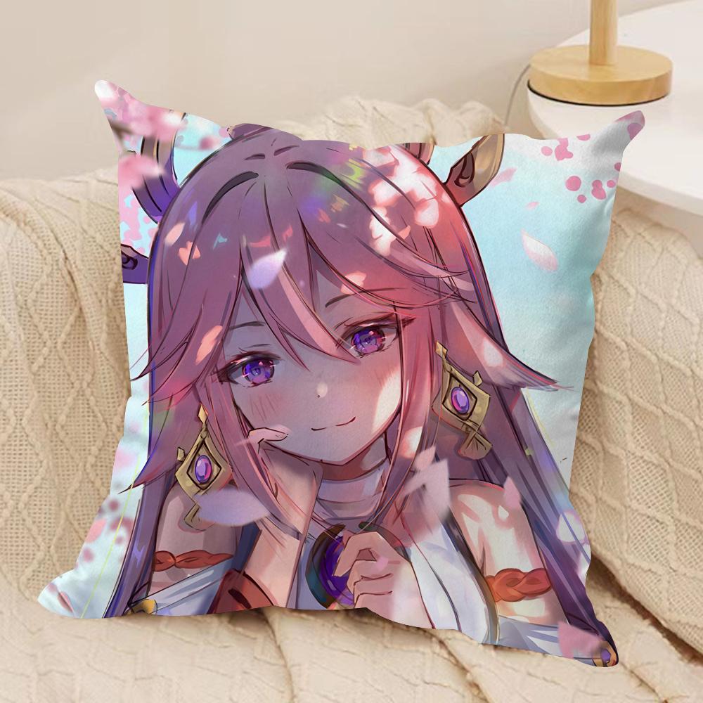 Yae Miko Genshin Impact Cushion Cover Silky Short Plush Invisible Zipper Dustproof Sofa Pillow Case For Home Decor