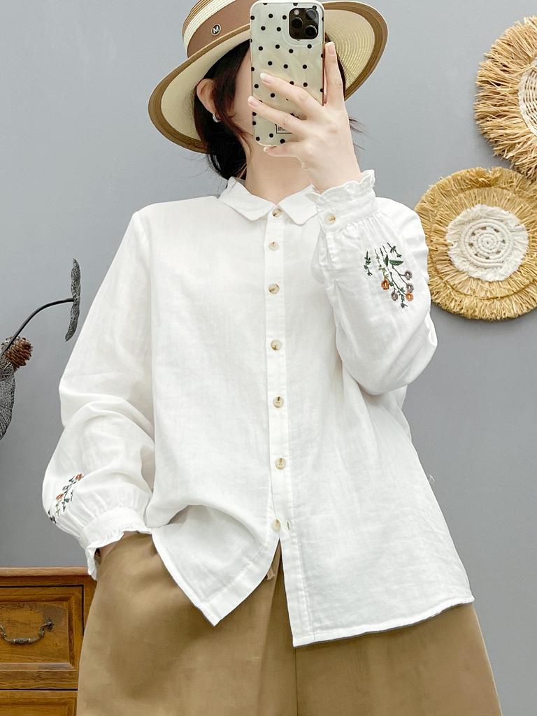 Women's Forest Style Embroidered Cotton Gauze Shirt: Long Sleeve, Soft, Breathable, Loose Fit, Slimming, Pure Cotton Top