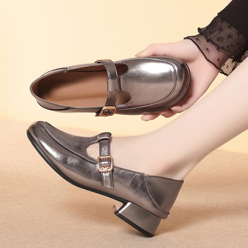 3cm All Match T Buckle Shallow Soft Leather Shoes Mary Janes Fall 2025 Women's Square Heels Shoes for Office Mom Work Daily