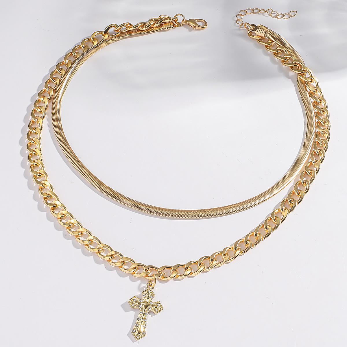 Double Layer Cuban Link Choker for Men Women, Hip Hop Cross Pendant Necklace, Trendy Stackable Streetwear Jewelry Gift золотистый