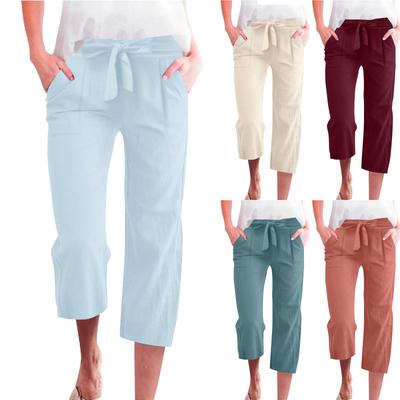Pants For Women Casual Summer Color Elastic High Waist Cotton And Linen Loose Pants Drawstring Pocket Mid Leg Pants