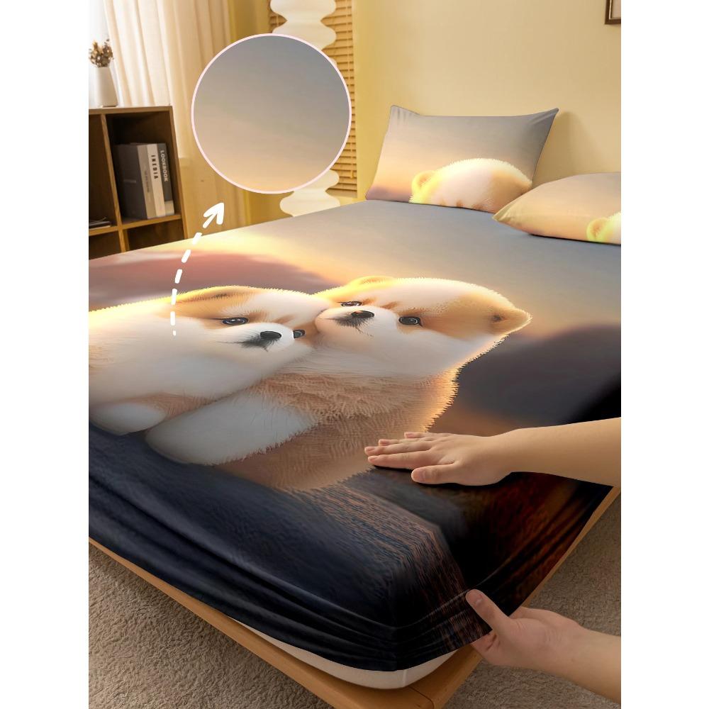 1 Cartoon Cute Animal Dog Digital Printed Frosted Fitted Sheet,bedroom Printed Bed Cover,bedding(No Pillowcase)