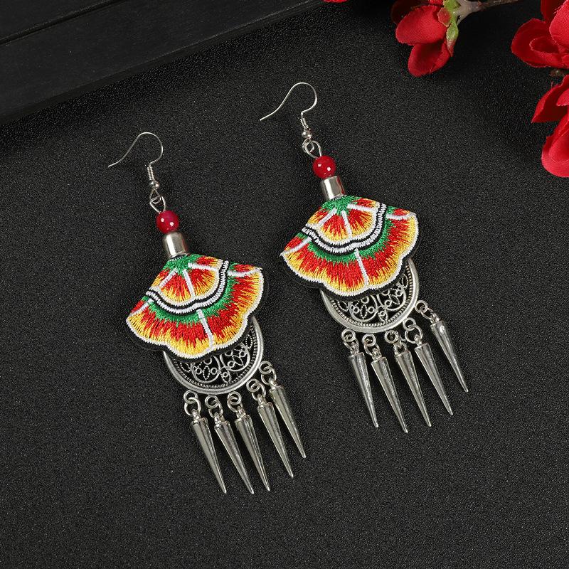 Yunnan embroidered fabric earrings long fringed personalized earrings Chinese retro Miao silver earrings women