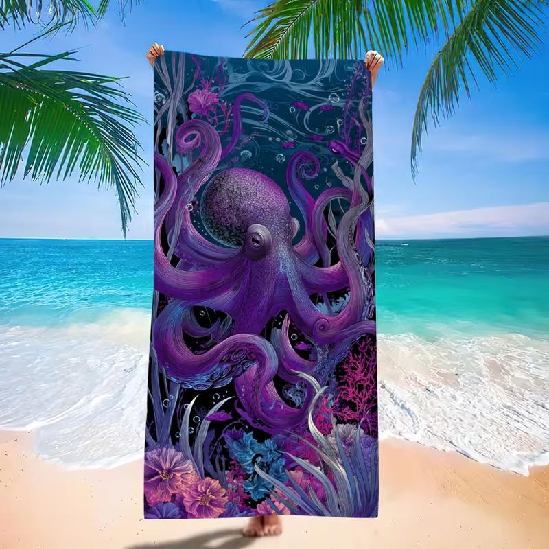 Dark Purple Octopus Underwater Coral Seaweed Print Beach Towel Sandproof Quick Dry Absorbent Towel Ocean Theme Beach Travel Use