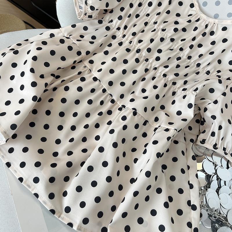 2025 new product super good-looking bubble sleeves casual top women's retro temperament small fragrant wave dot short sleeves