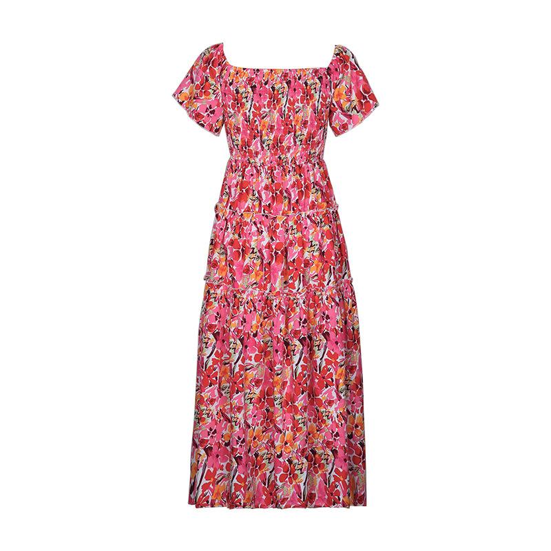 YYFS Women's Fashion Summer Flower Pattern Print Short Sleeve One Shoulder Middle Waistline Casual Dresses