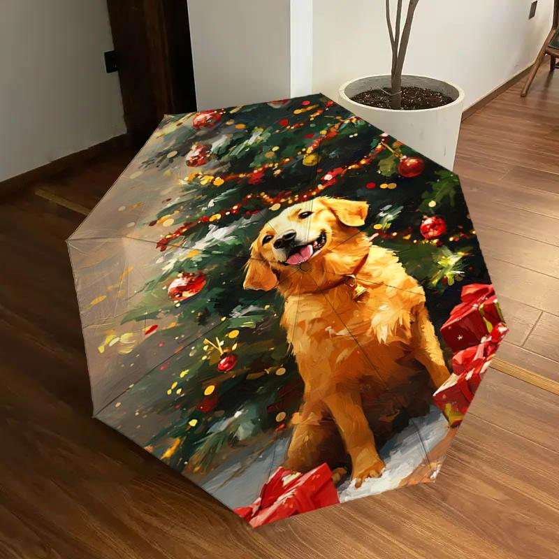 

Golden Retriever Christmas Tree Presents Holiday Gift Umbrella - Automatic Open Close Outdoor Umbrella with 8-Bone Iron Frame, Portable Fold