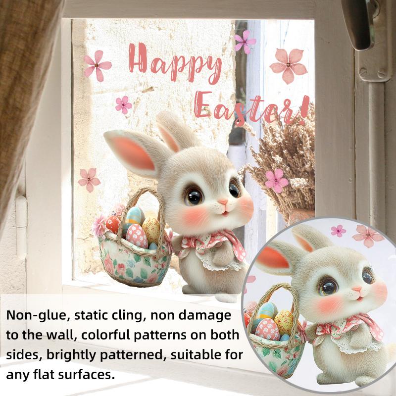 Cartoon Bunny Easter Egg Flower Window Static Sticker For Happy Easter Day Home Festival Party Decorations Sticker
