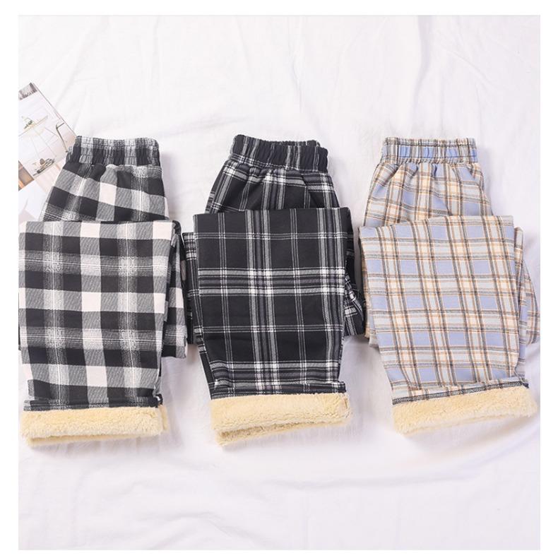 GMXIA Fleece Plaid Pants Women's Autumn and Winter Thickened High-waisted Slimming Straight Leg Casual Floor Wide Leg Pants