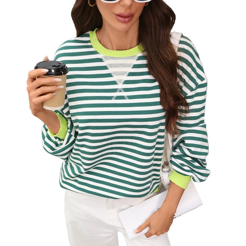 VEZFAA Women's Fashion Casual Spring Autumn Stripe Print Long Sleeve O-Neck Blouses & Shirts