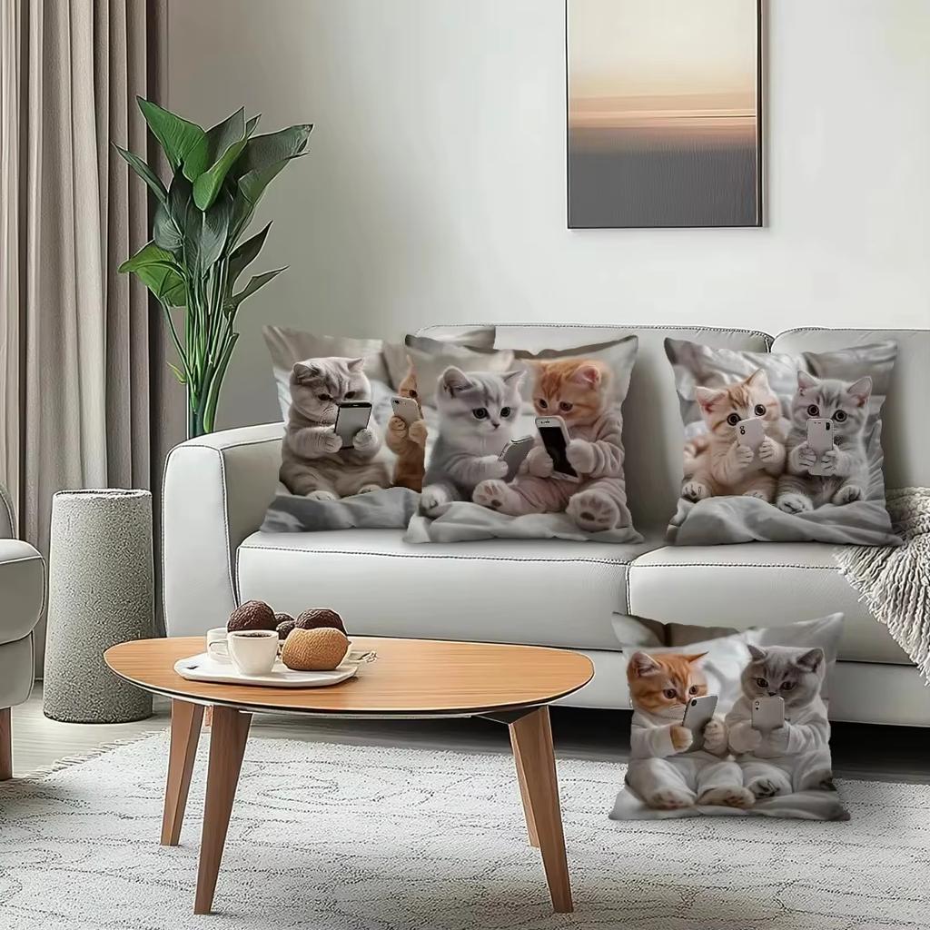 Cute Kittens With Smartphones Printed Pillowcase, Pattern Cushion Cover For Sofa Bedroom Car Home Decor