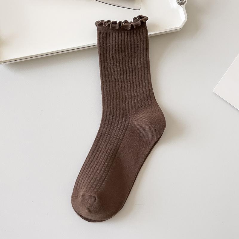 Women's Autumn and Winter Pure Cotton Socks, Mid-calf Socks, Lace Socks, Anti-pilling Black Fungus Edge Pile Socks