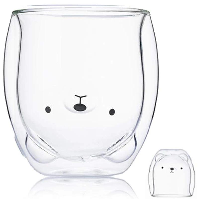 Double Glass Coffee Mug Coffee Cup Cartoon Cute Bear Cat Duck Glass Cup Anti-Scalding Breakfast Milk Lemon Juice Cups Drinkware