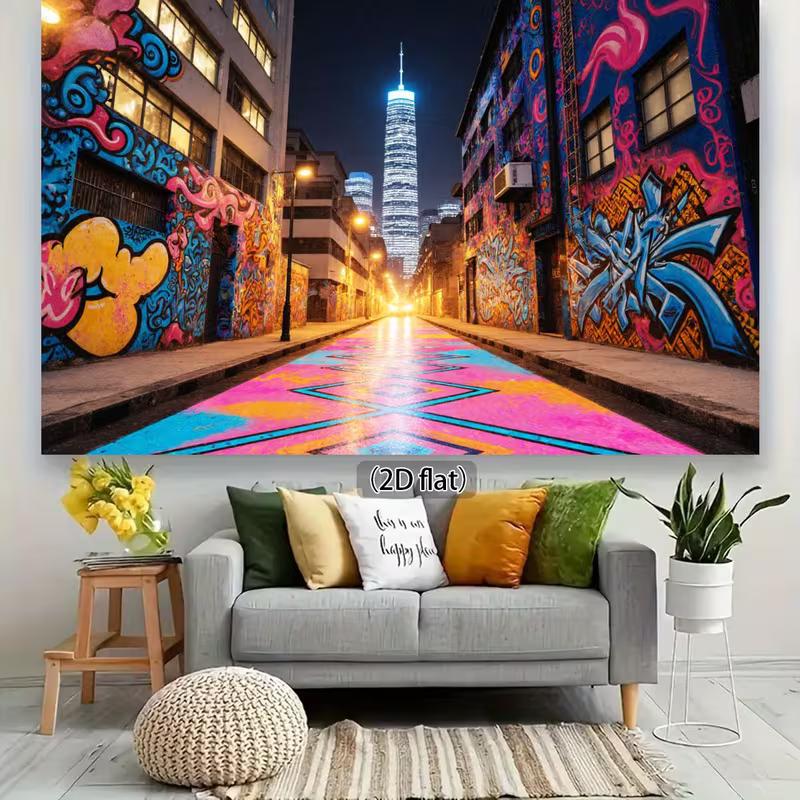2D Urban Graffiti Night City Backdrop Neon Street Art Skyscraper Background