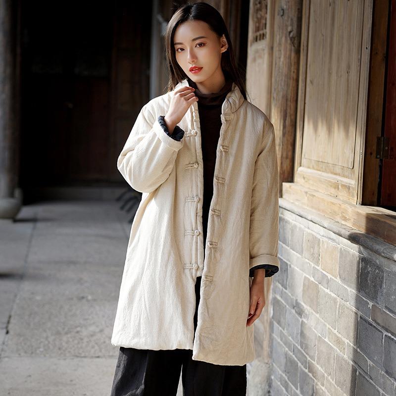 Winter new loose retro stand-up collar buckle linen medium and long cotton-padded women's warm cotton-padded clothes